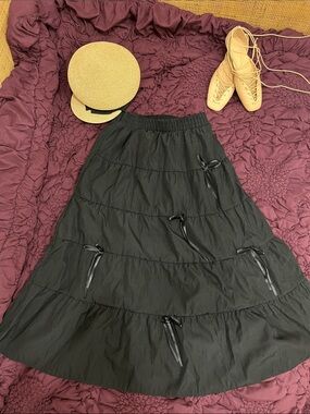 Anthropologie Black Tiered Midi Skirt with Ribbons 🎀